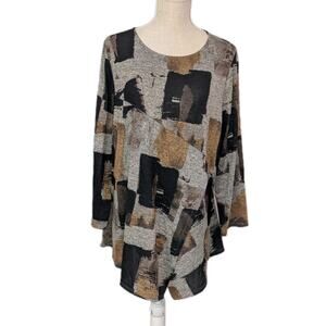 IC by Connie K Top Women 1X Gray Black Tunic USA Artsy Lagenlook Crossover